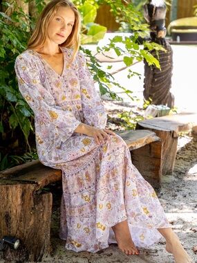 Bindu Floral Dress in Lavender and Mustard•Luciana Dress• NWT